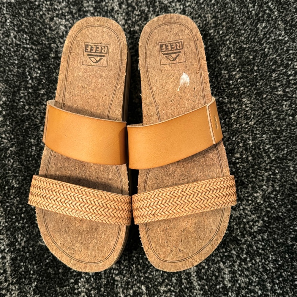 Reef Tan Sandals with Dual Straps and Cork Sole